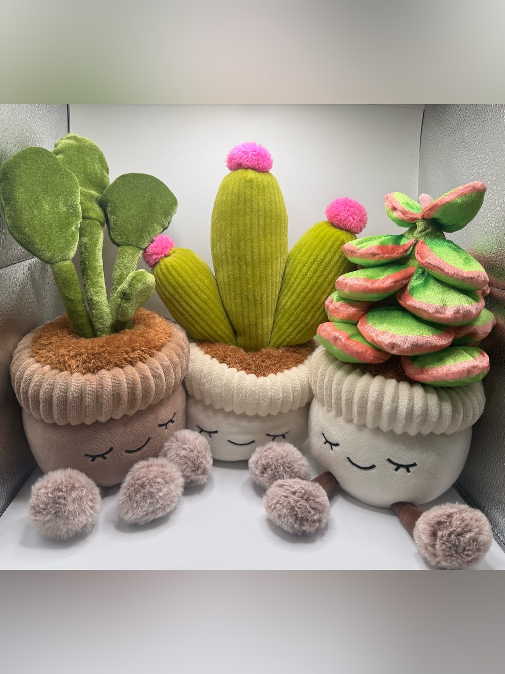 Russ Plush Decorative Cactus Trio with Pink Pom Accents